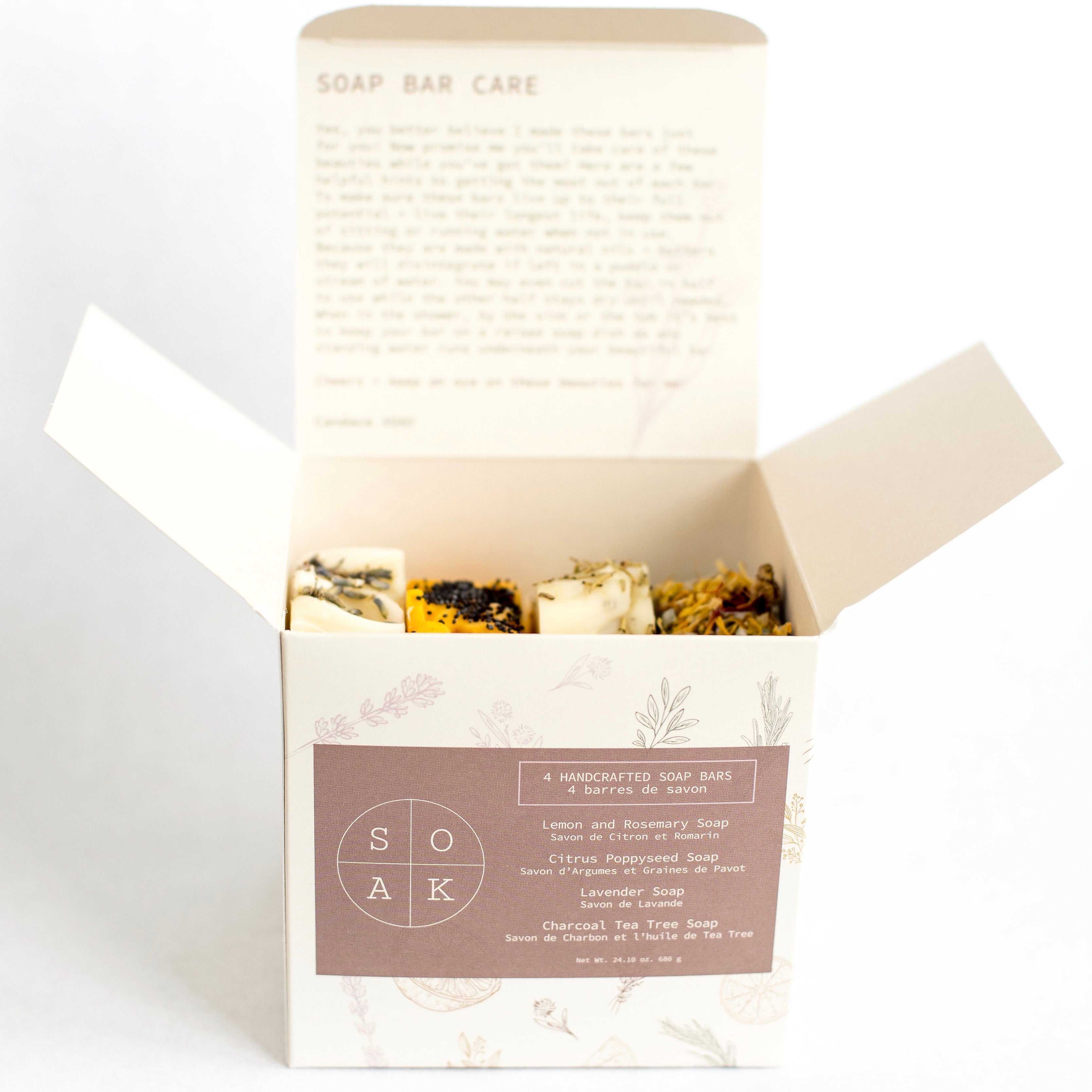 Soap Gift Box - includes 4 soap bars: Citrus Poppyseed, Lavender, Charcoal Tea Tree and Lemon Rosemary