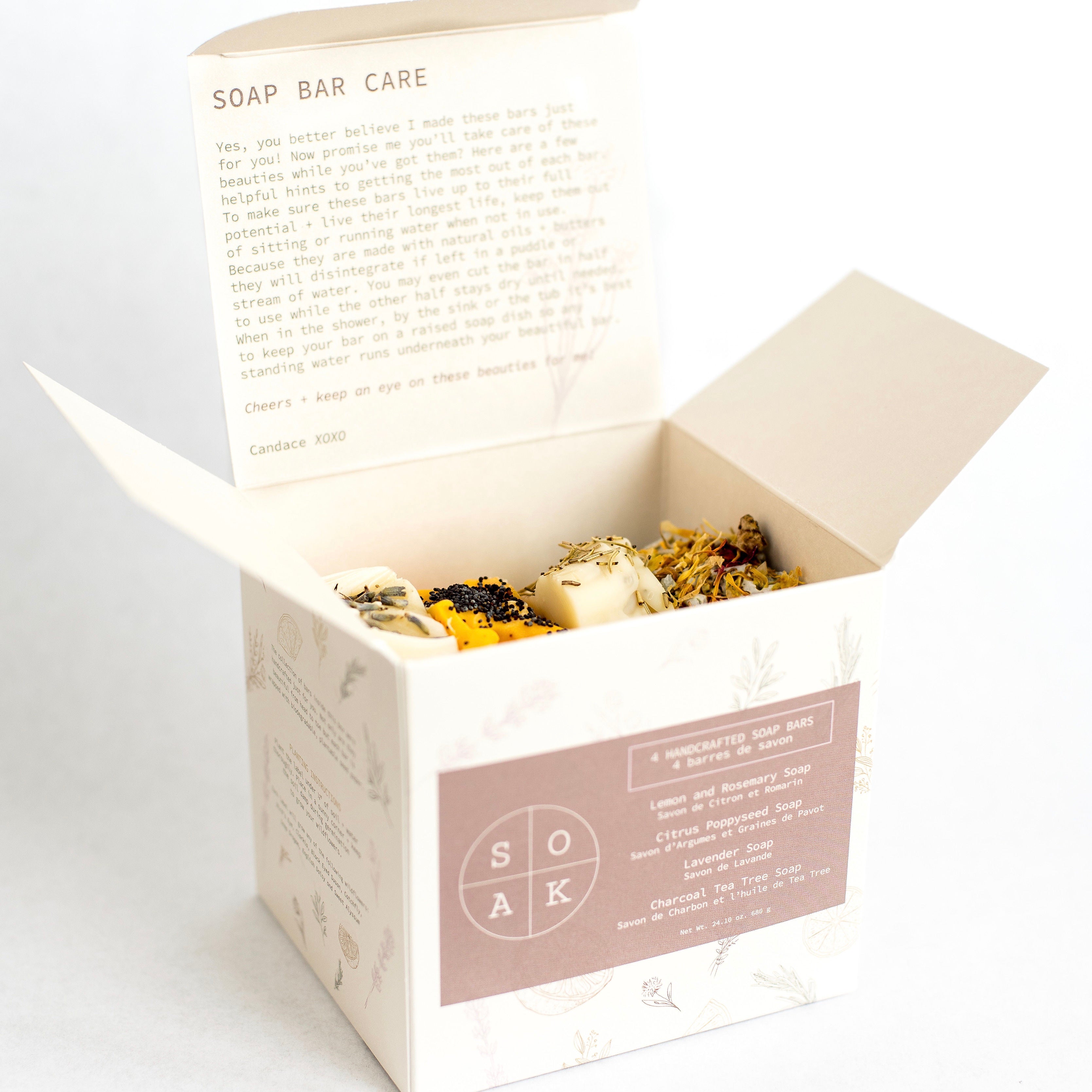 Soap Gift Box - includes 4 soap bars: Citrus Poppyseed, Lavender, Charcoal Tea Tree and Lemon Rosemary